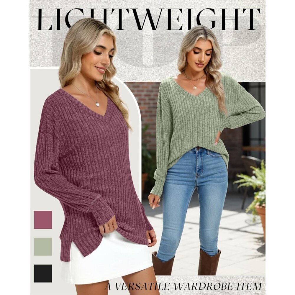 Women's Long Sleeve Lightweight Sweaters 3 Pack V Neck Side Split Fall Basic - Picture 5 of 5